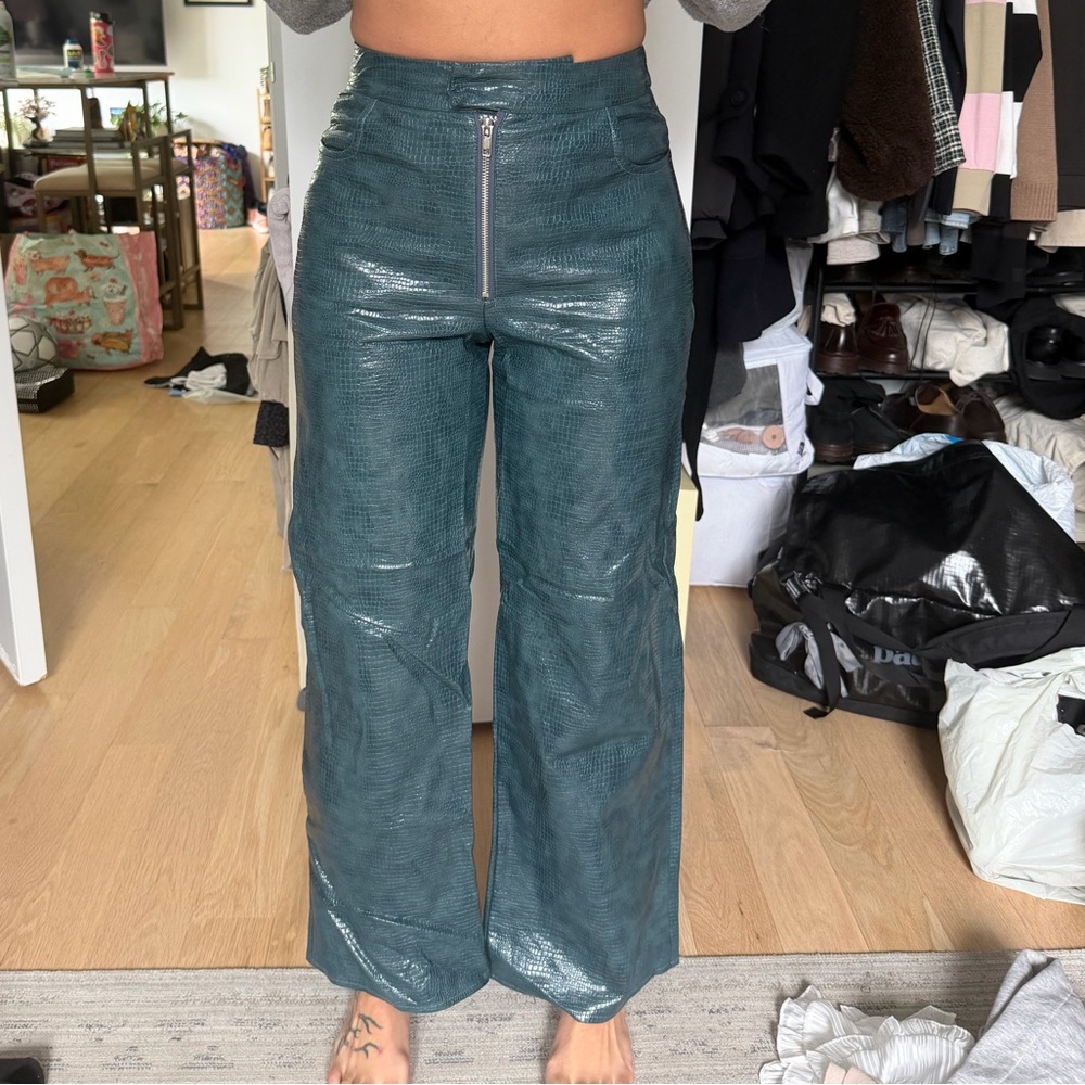 Missguided + Teal High-Rise Faux Leather Wide-Leg Pants